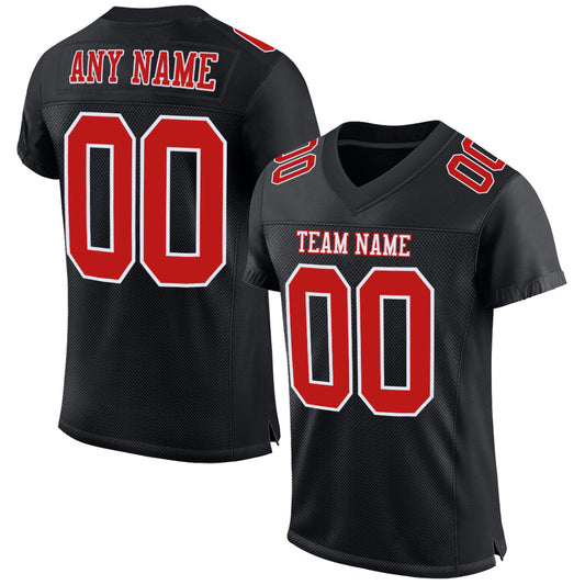 Custom Black Fire Red-White Mesh Authentic Football Jersey - Main View