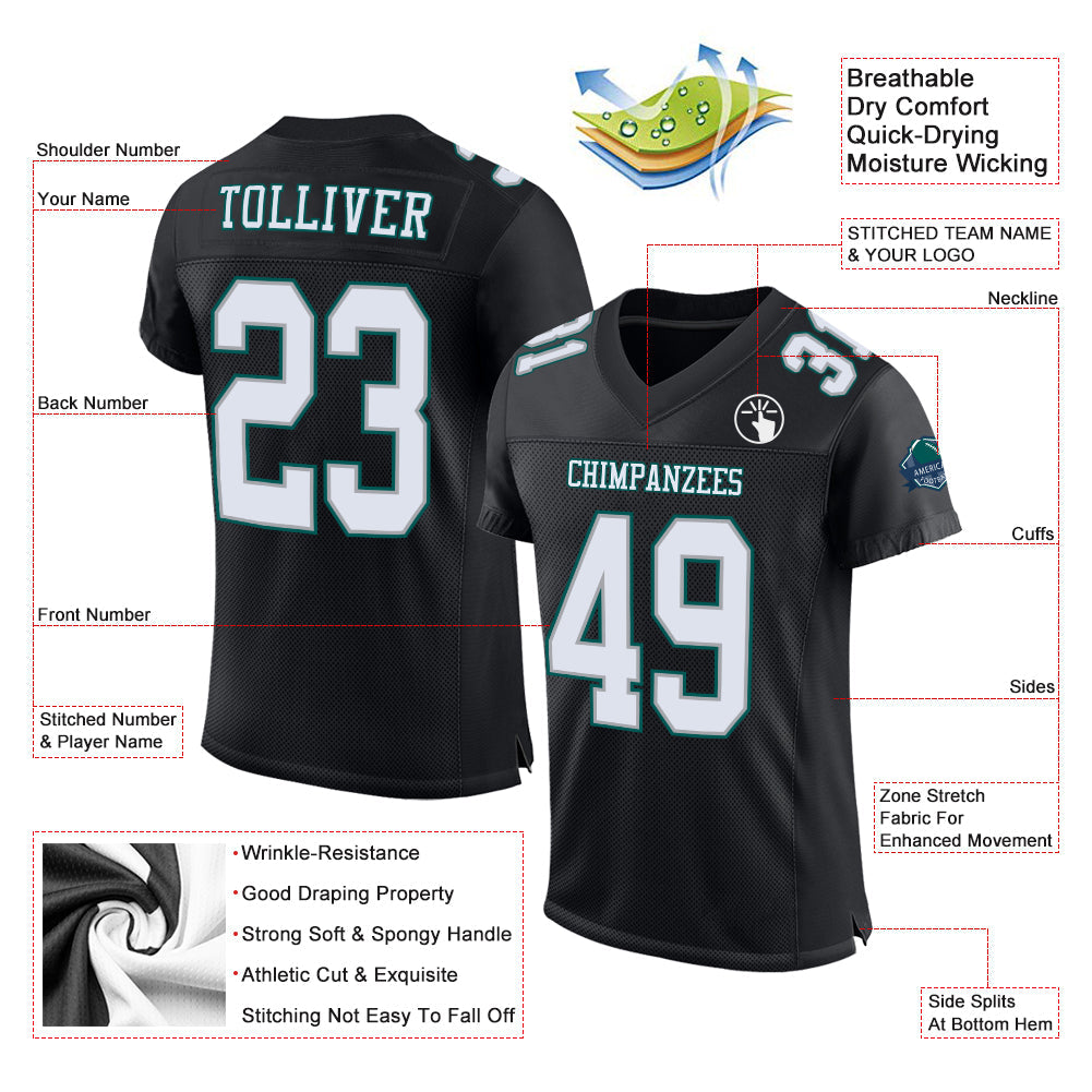 Custom Black White Gray-Midnight Green Mesh Authentic Football Jersey view 2