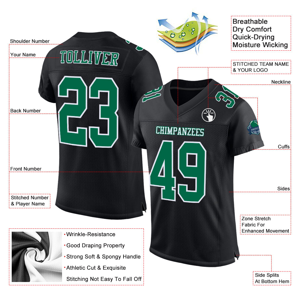 Custom Black Kelly Green-White Mesh Authentic Football Jersey view 2