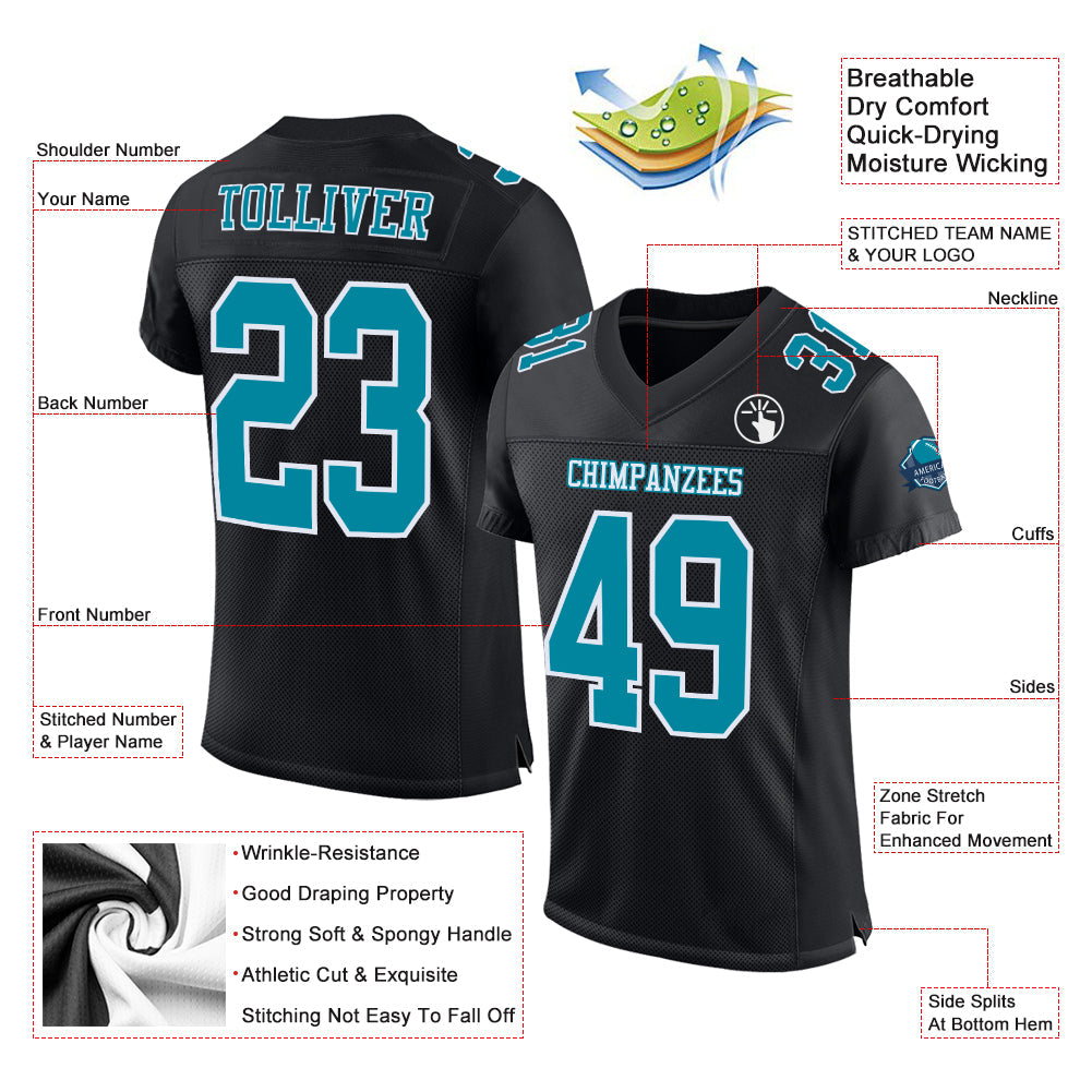 Custom Black Teal-White Mesh Authentic Football Jersey view 2