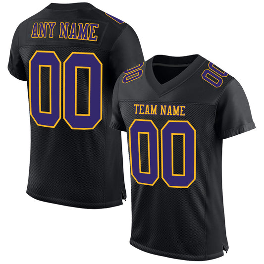 Custom Black Purple-Gold Mesh Authentic Football Jersey - Main View