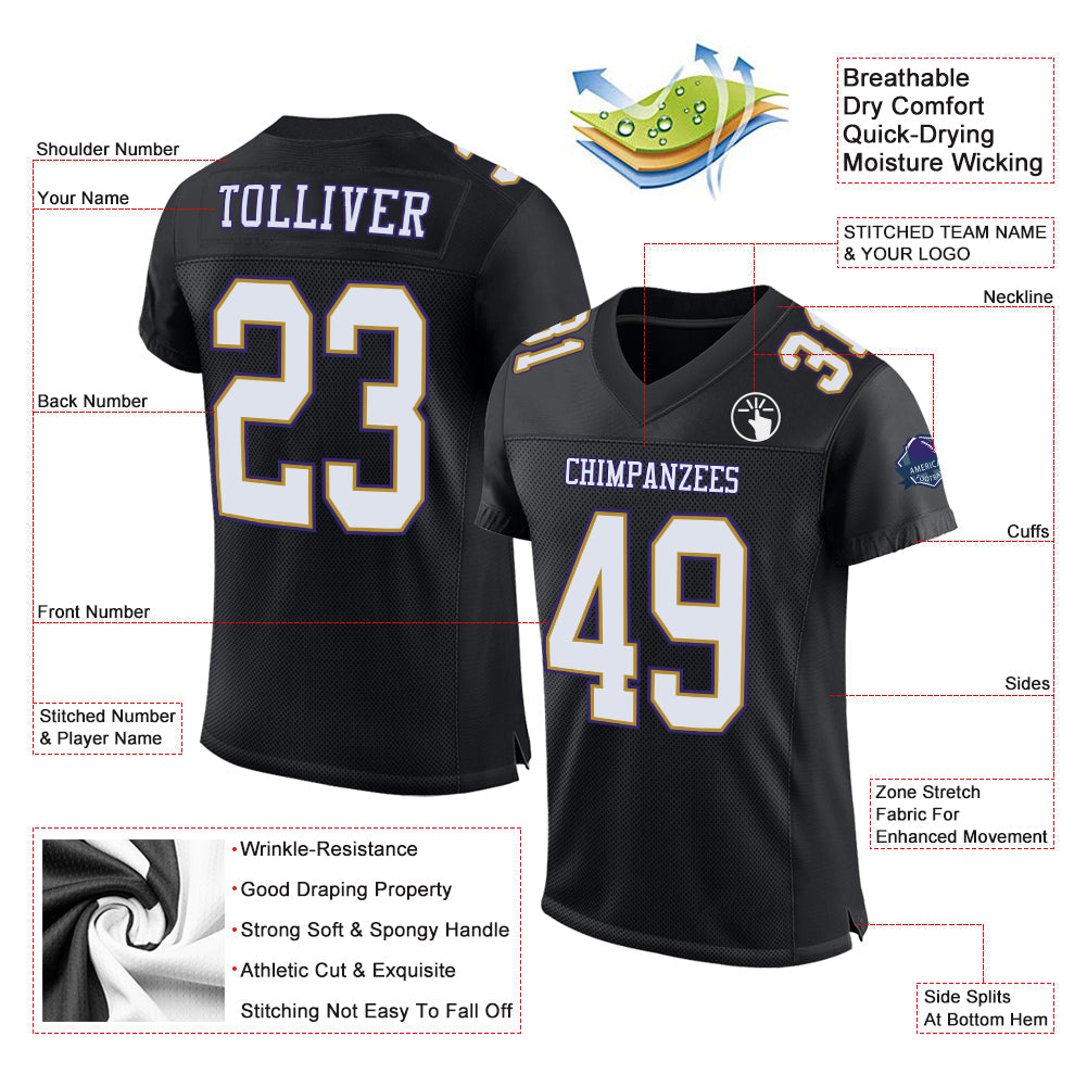 Custom Black White Old Gold-Purple Mesh Authentic Football Jersey view 2