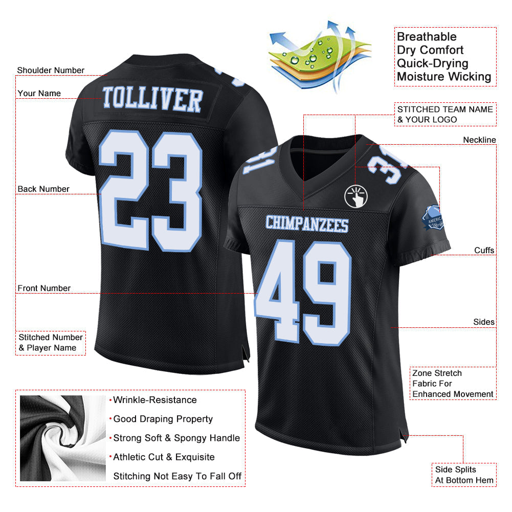 Custom Black White-Light Blue Mesh Authentic Football Jersey view 2