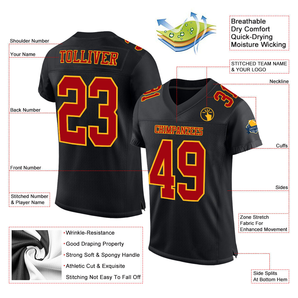 Custom Black Red-Gold Mesh Authentic Football Jersey view 3
