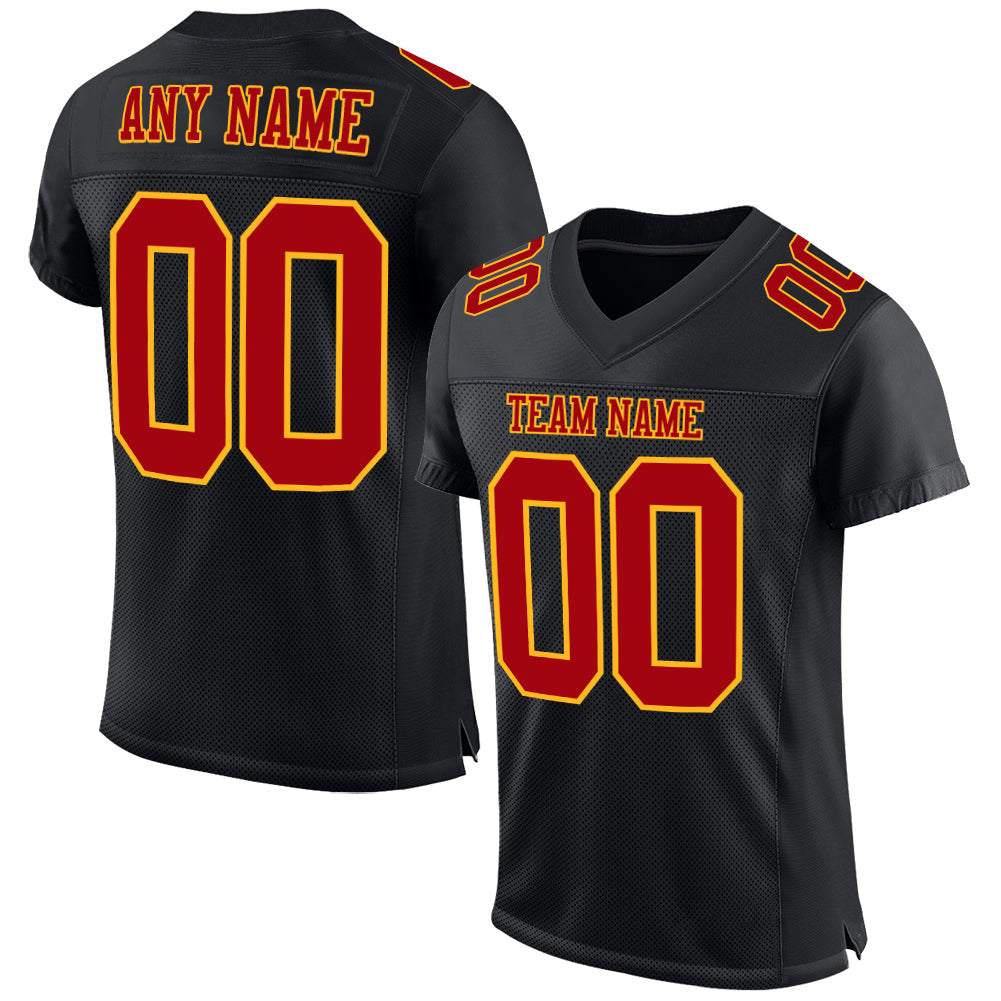 Custom Black Red-Gold Mesh Authentic Football Jersey - Main View