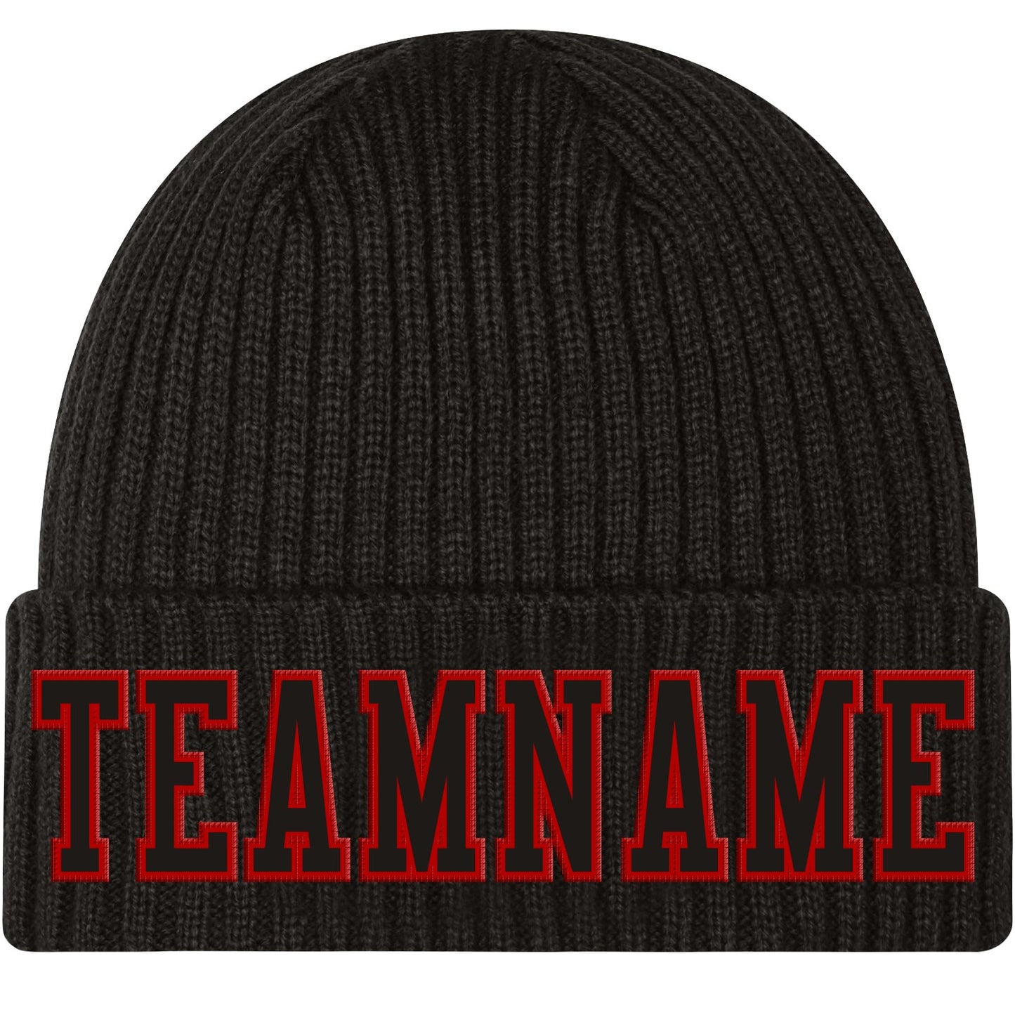 Custom Black Black-Red Stitched Cuffed Knit Hat - Main View