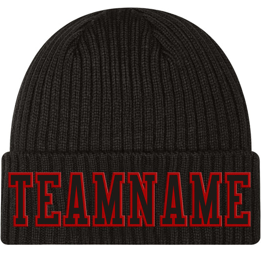 Custom Black Black-Red Stitched Cuffed Knit Hat - Main View