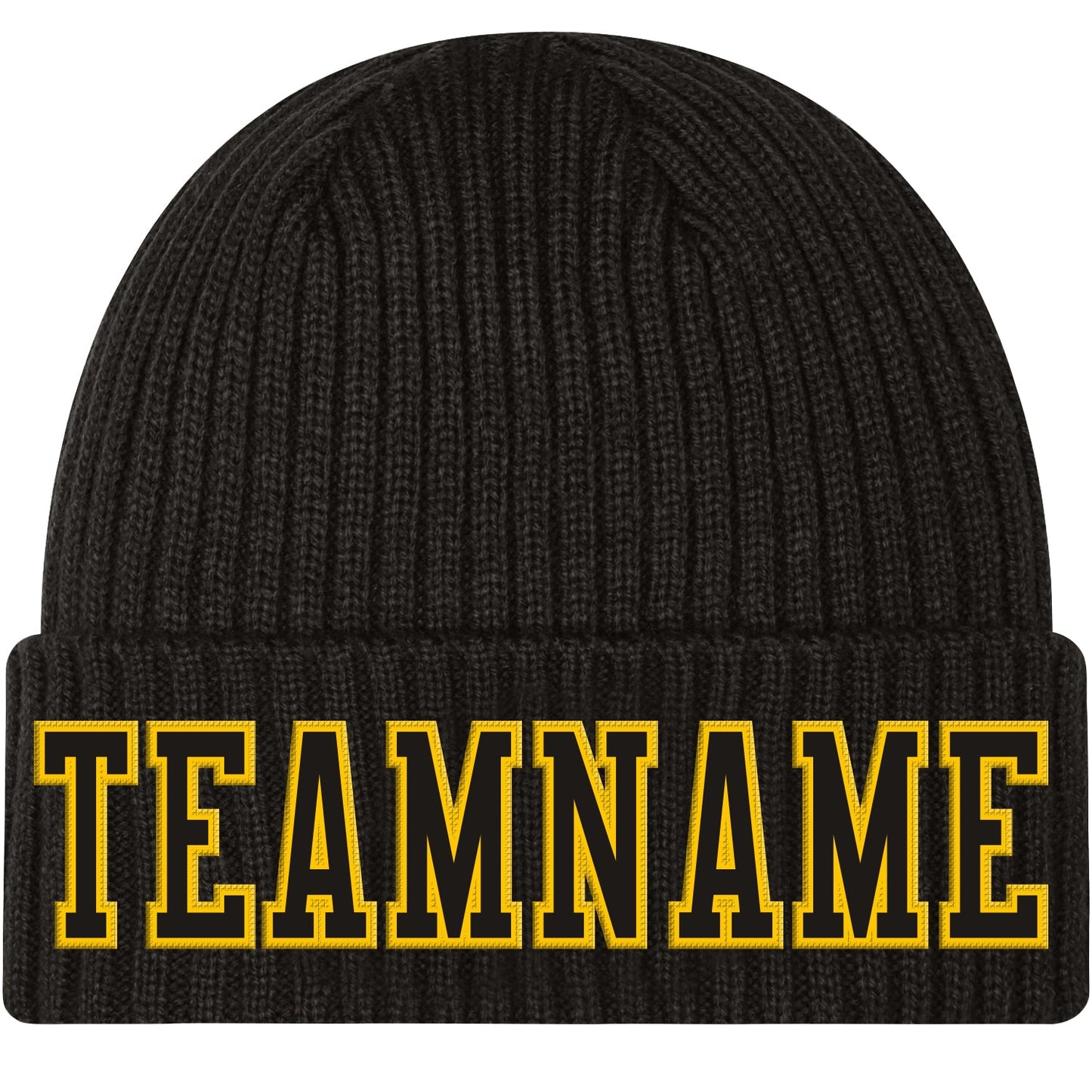 Custom Black Black-Gold Stitched Cuffed Knit Hat - Main View