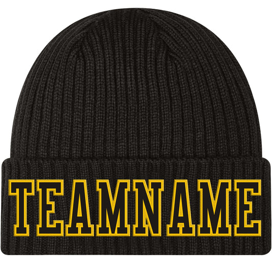 Custom Black Black-Gold Stitched Cuffed Knit Hat - Main View