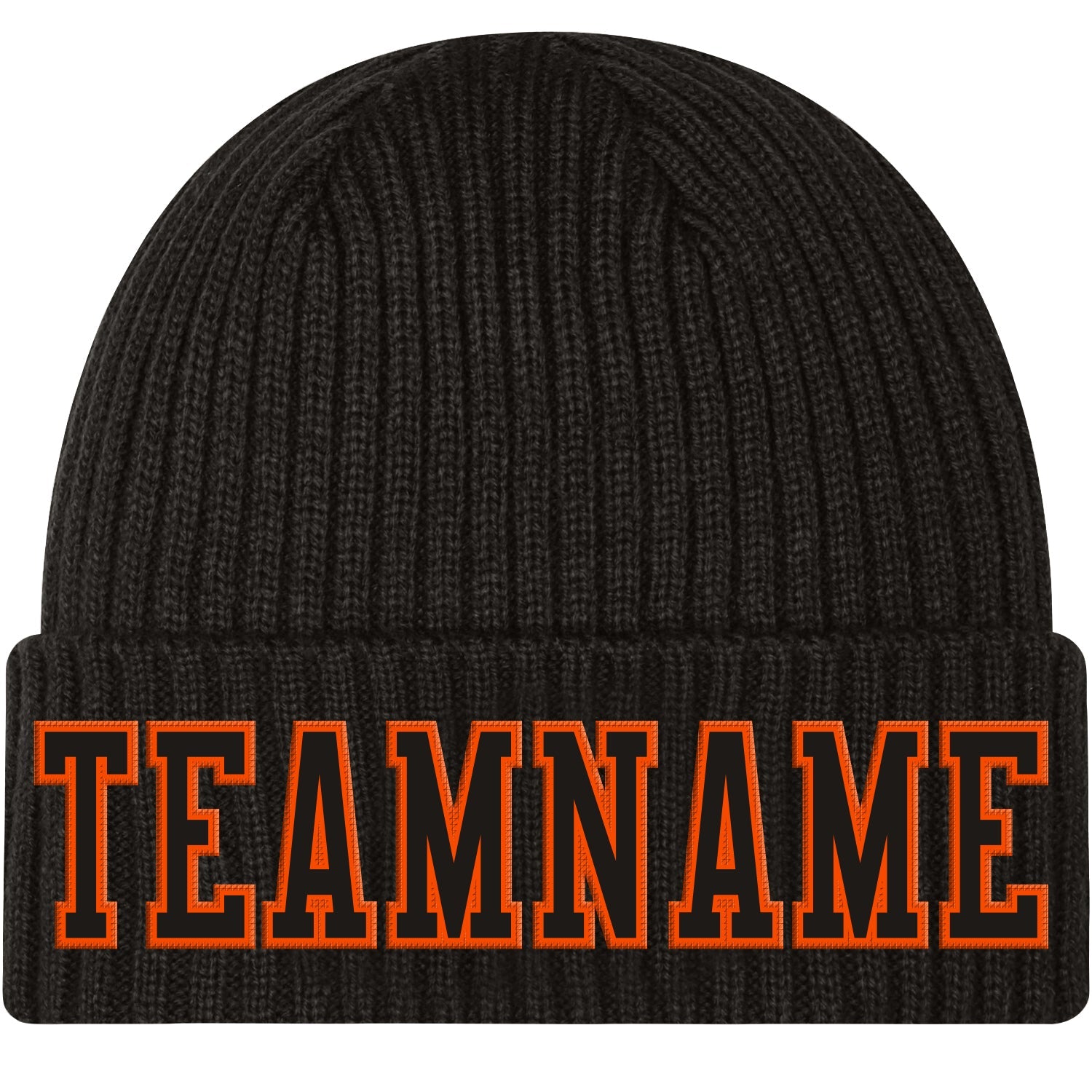 Custom Black Black-Orange Stitched Cuffed Knit Hat - Main View