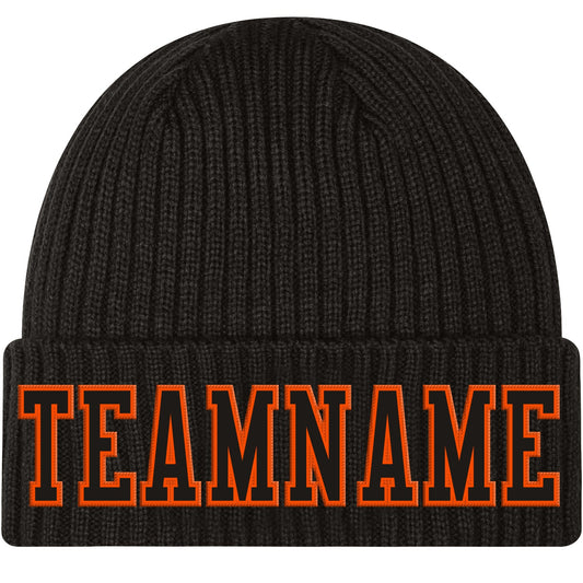Custom Black Black-Orange Stitched Cuffed Knit Hat - Main View