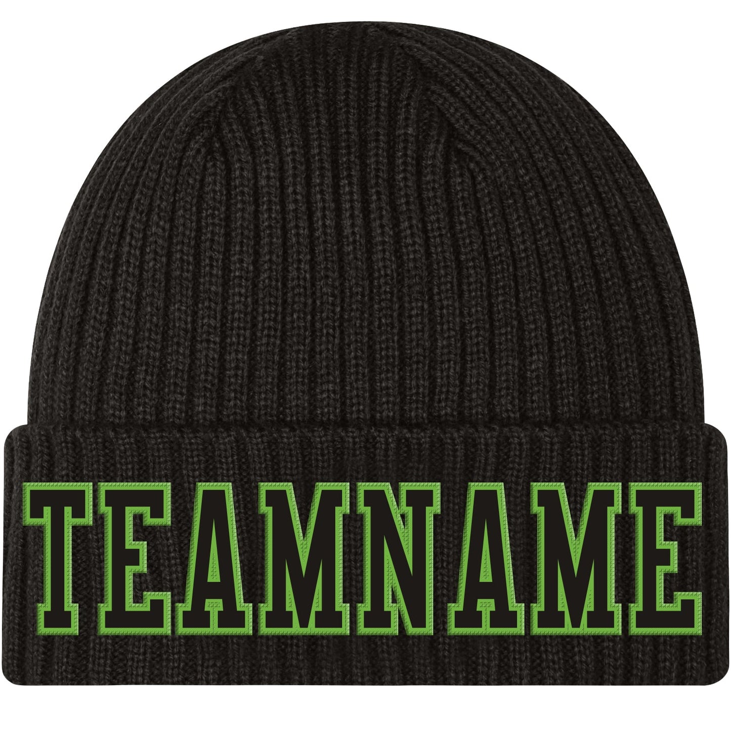 Custom Black Black-Neon Green Stitched Cuffed Knit Hat - Main View