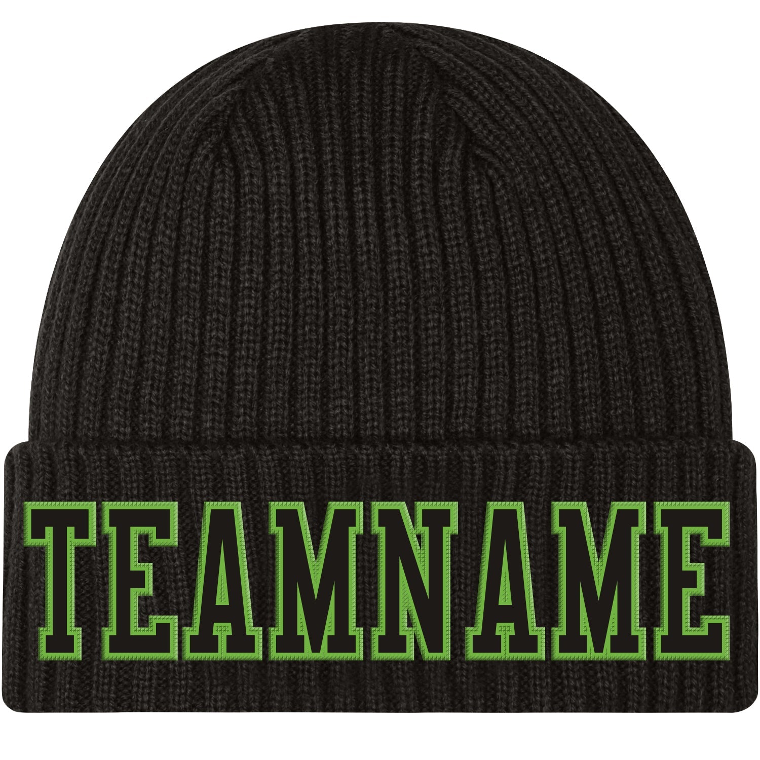 Custom Black Black-Neon Green Stitched Cuffed Knit Hat - Main View