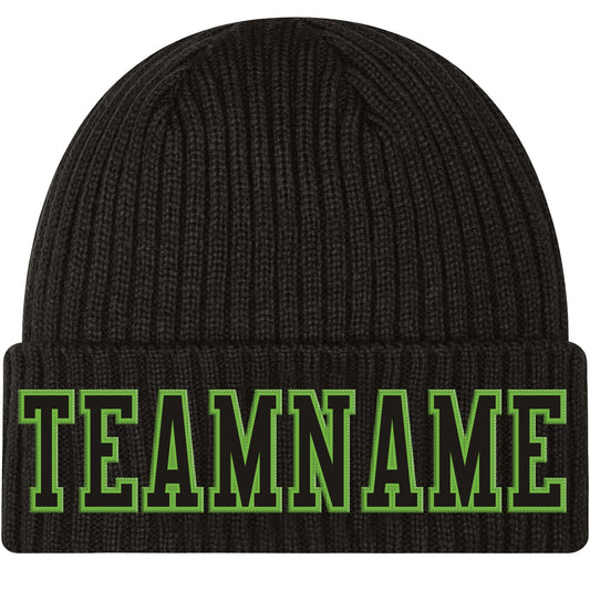 Custom Black Black-Neon Green Stitched Cuffed Knit Hat - Main View