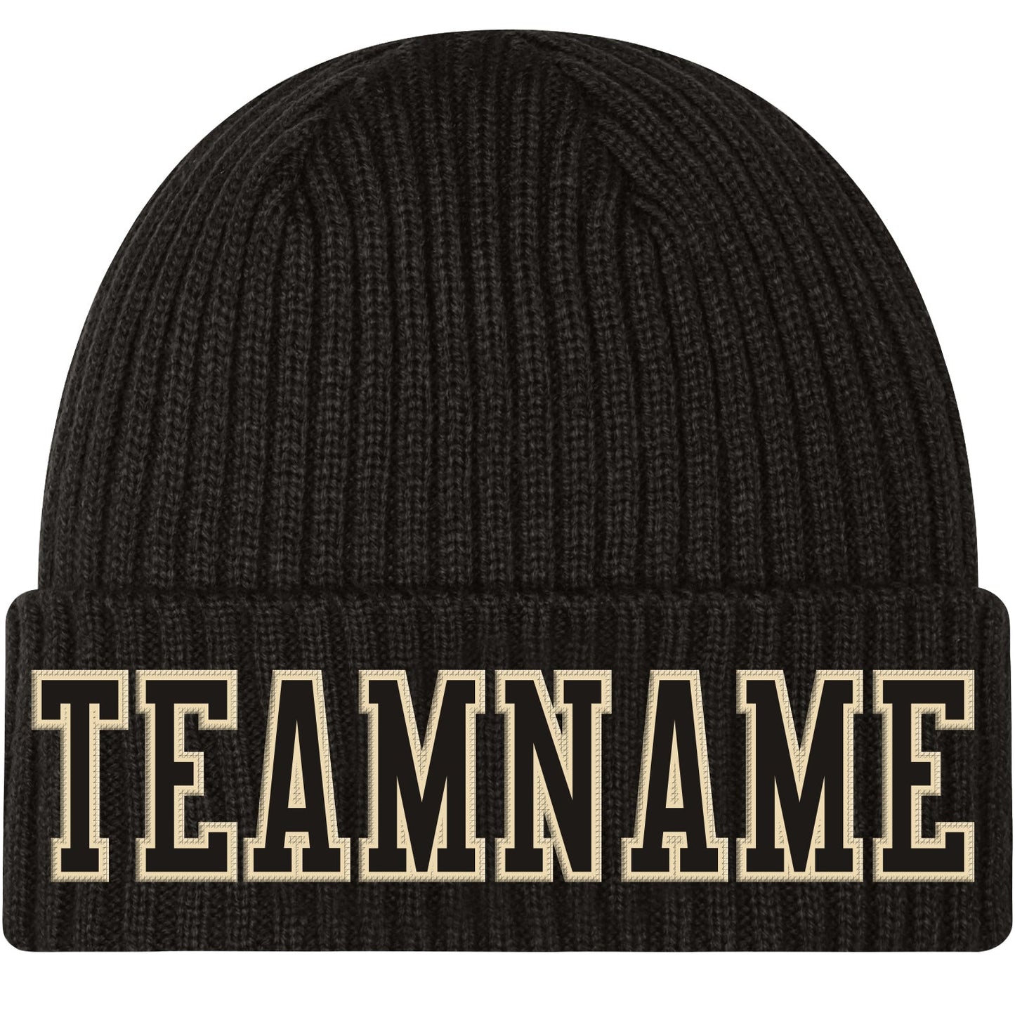 Custom Black Black-Cream Stitched Cuffed Knit Hat - Main View