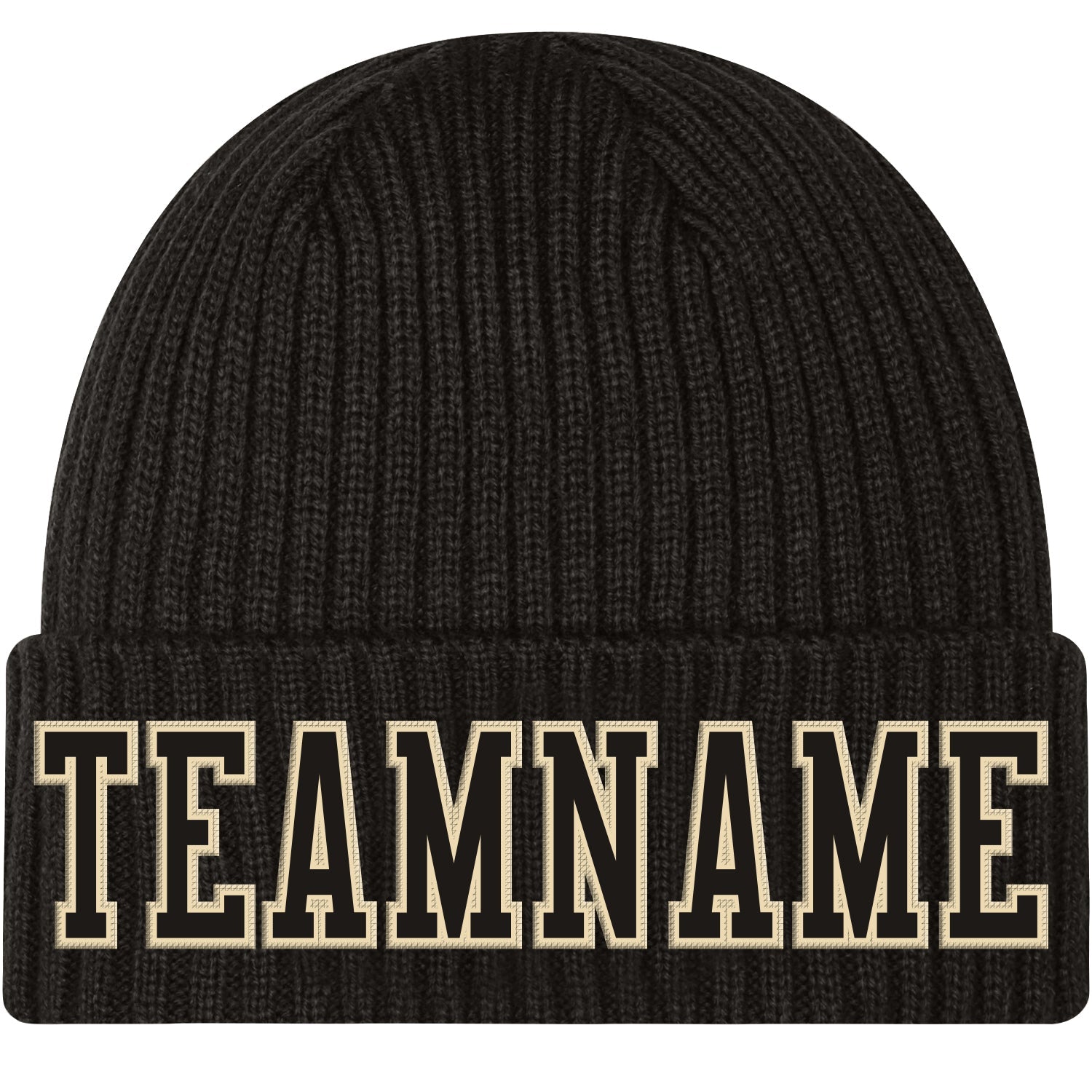 Custom Black Black-Cream Stitched Cuffed Knit Hat - Main View