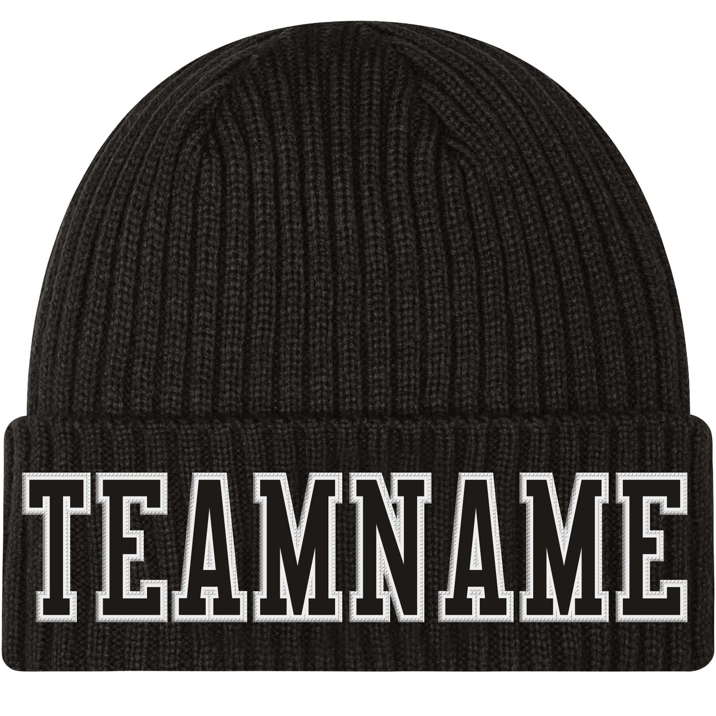 Custom Black Black-White Stitched Cuffed Knit Hat - Main View