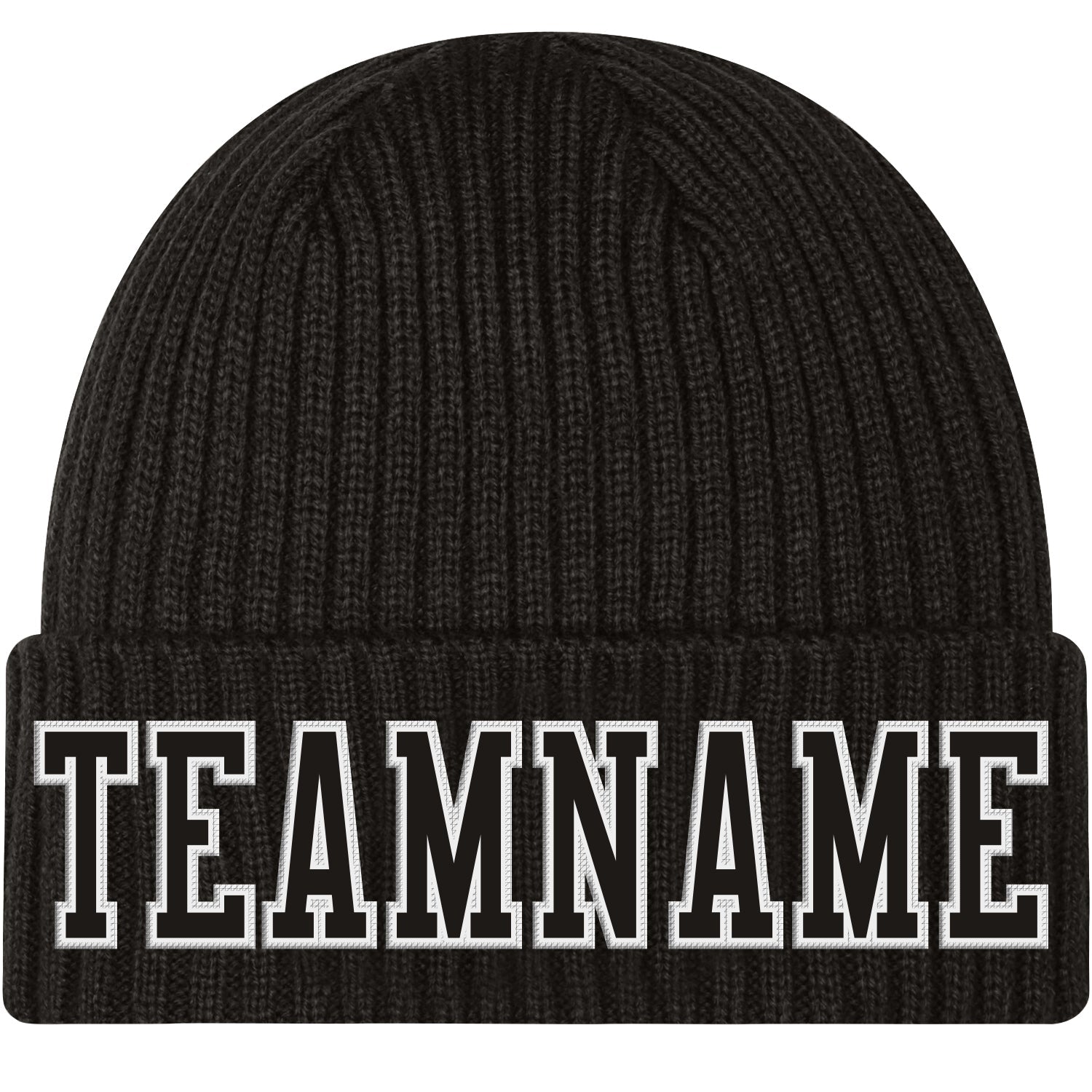 Custom Black Black-White Stitched Cuffed Knit Hat - Main View