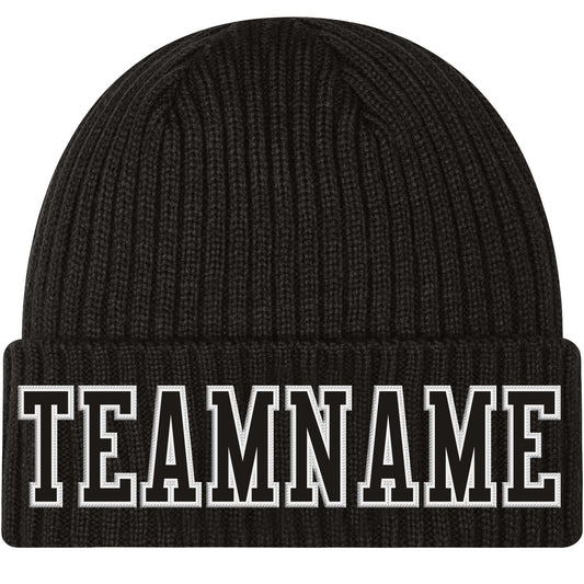 Custom Black Black-White Stitched Cuffed Knit Hat - Main View
