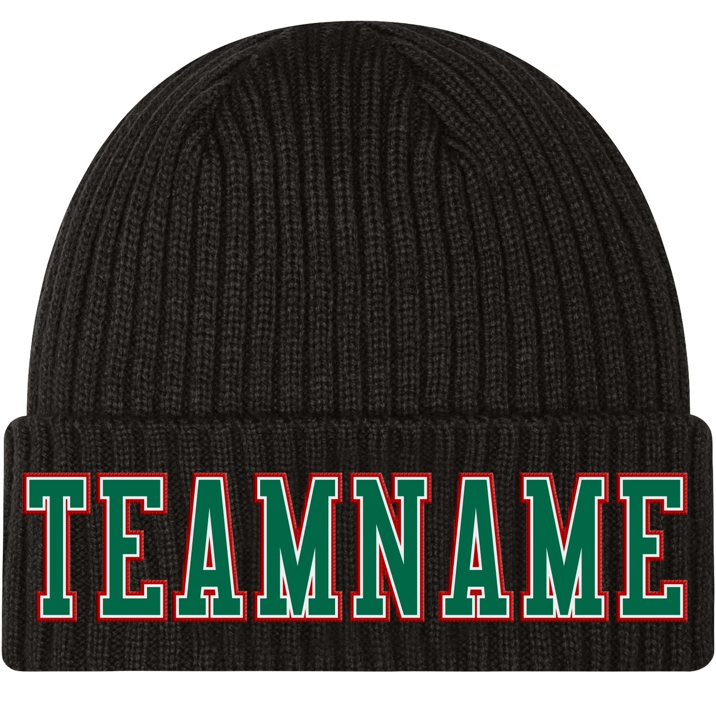 Custom Black Kelly Green White-Red Stitched Cuffed Knit Hat - Main View