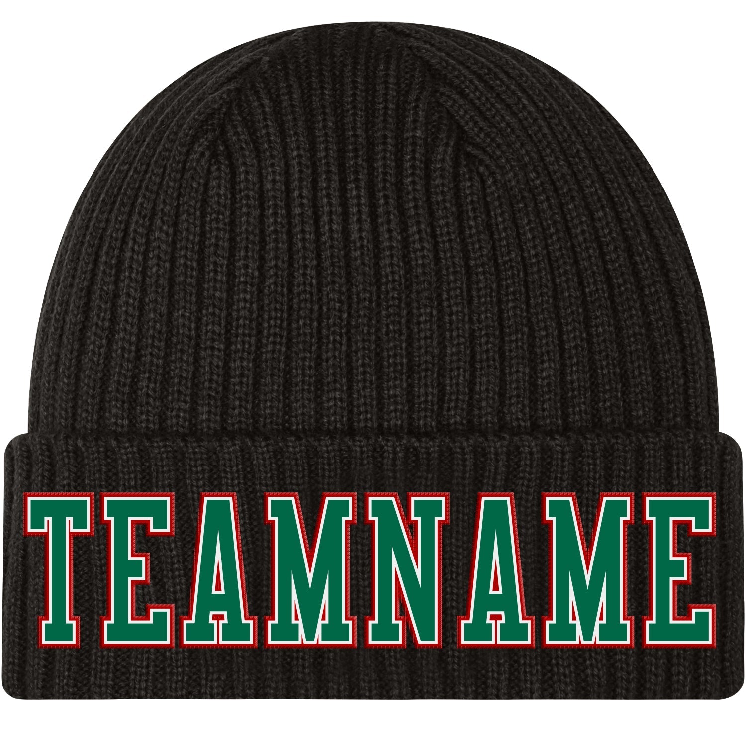 Custom Black Kelly Green White-Red Stitched Cuffed Knit Hat - Main View
