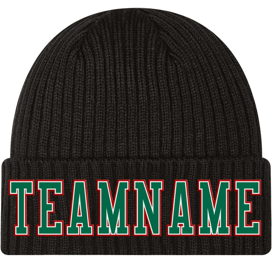 Custom Black Kelly Green White-Red Stitched Cuffed Knit Hat - Main View