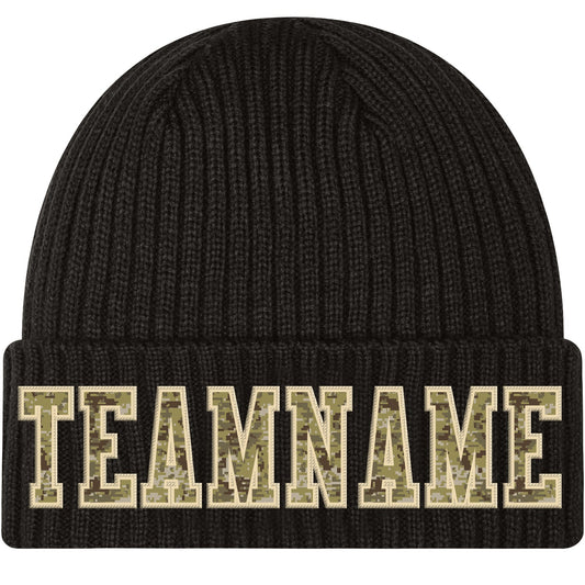 Custom Black Camo-Cream Stitched Cuffed Knit Hat - Main View