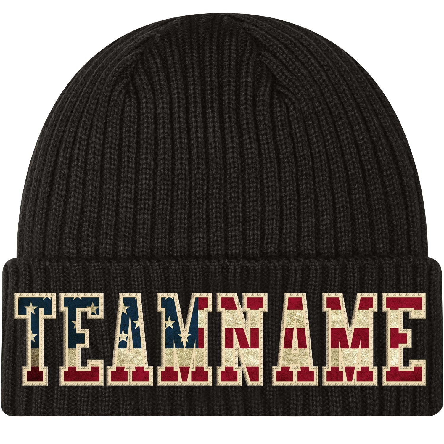 Custom Black Vintage USA Flag-Cream Stitched Cuffed Knit Hat - Main View