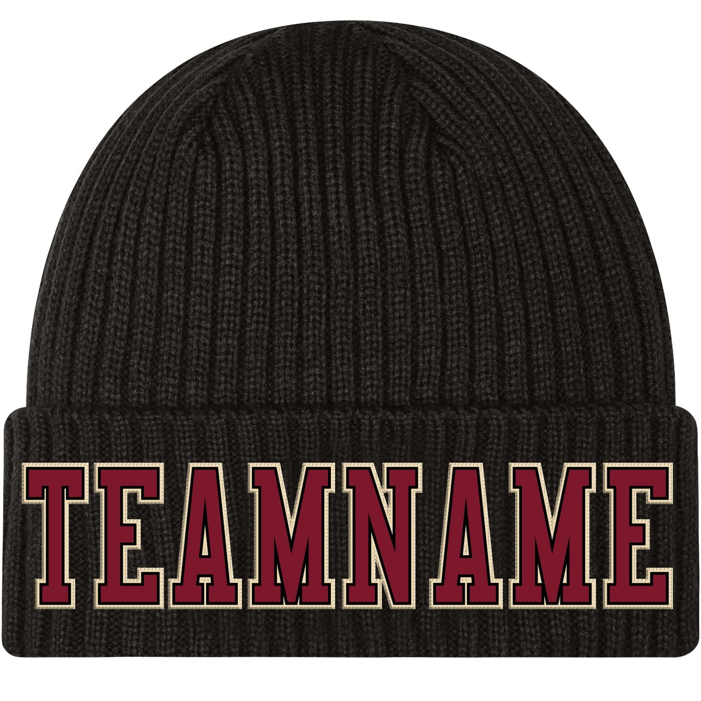 Custom Black Crimson-Cream Stitched Cuffed Knit Hat - Main View