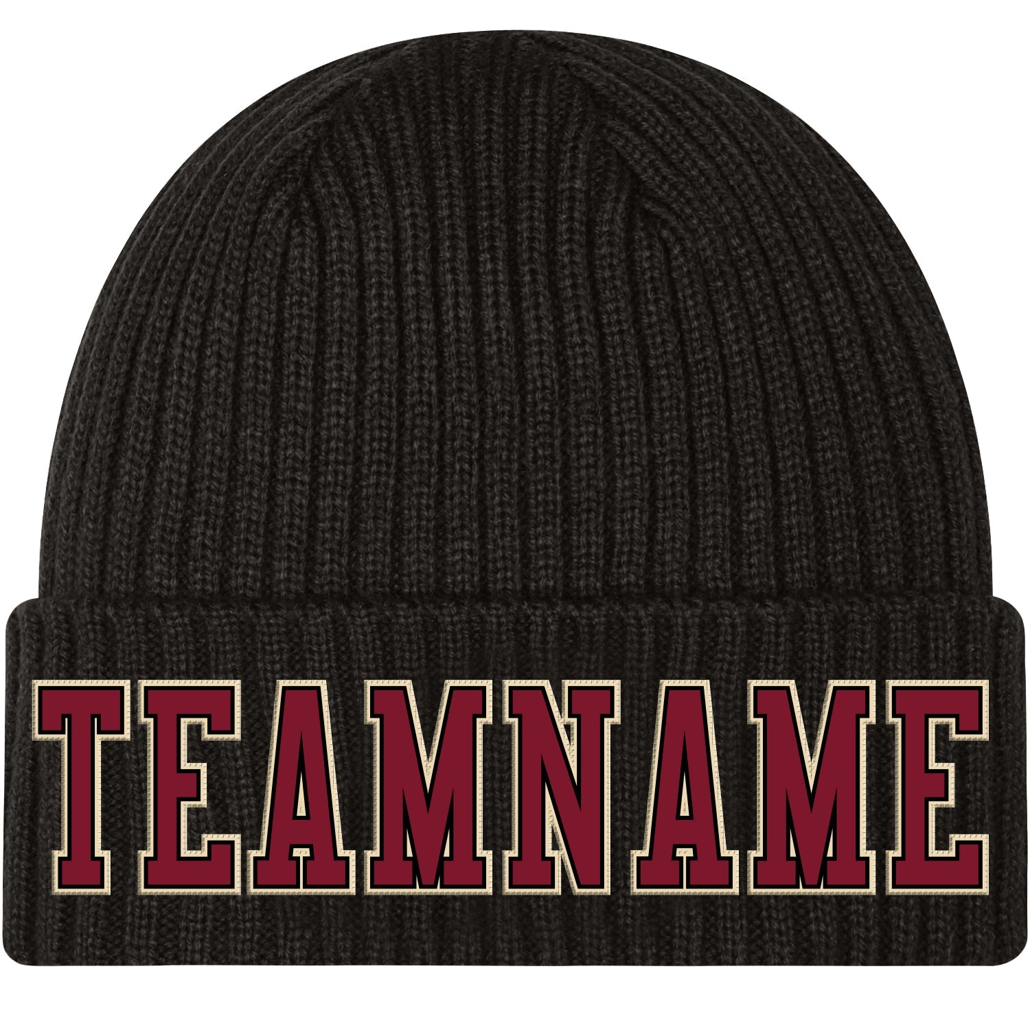 Custom Black Crimson-Cream Stitched Cuffed Knit Hat - Main View