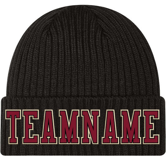 Custom Black Crimson-Cream Stitched Cuffed Knit Hat - Main View