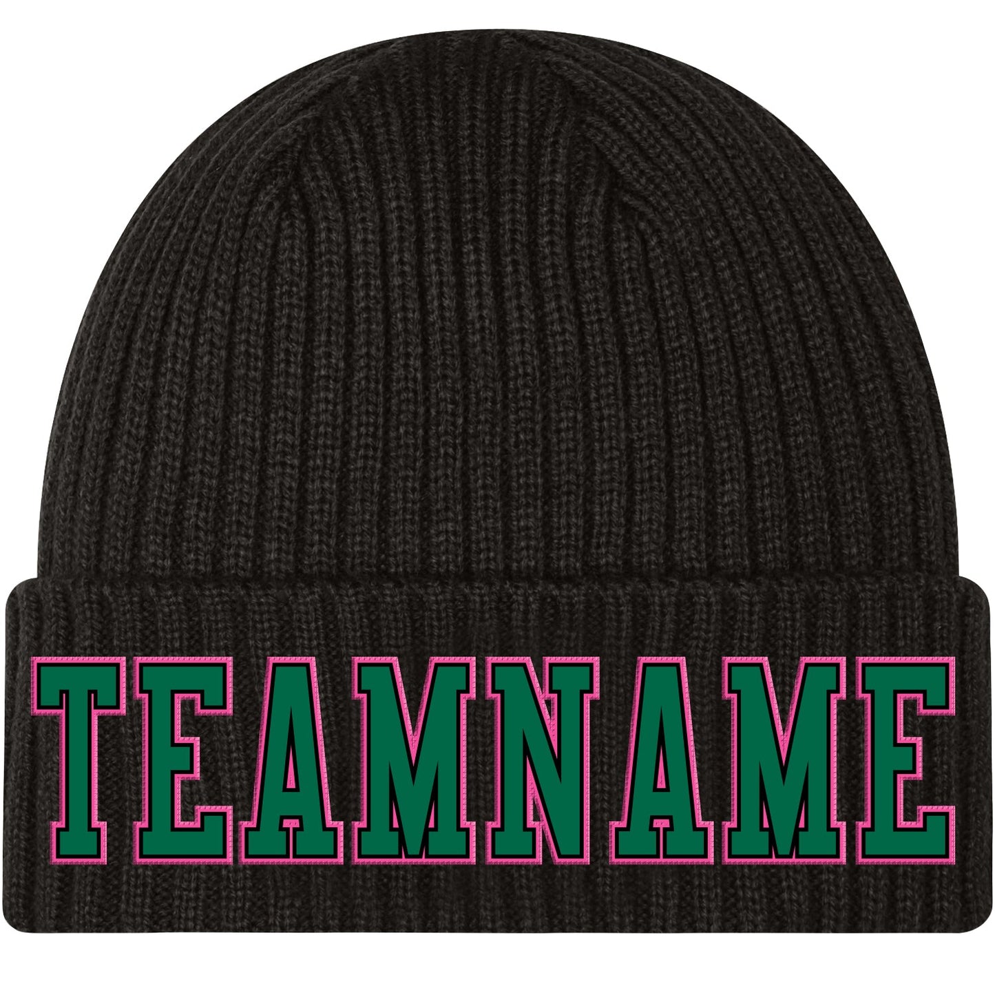 Custom Black Kelly Green-Pink Stitched Cuffed Knit Hat - Main View