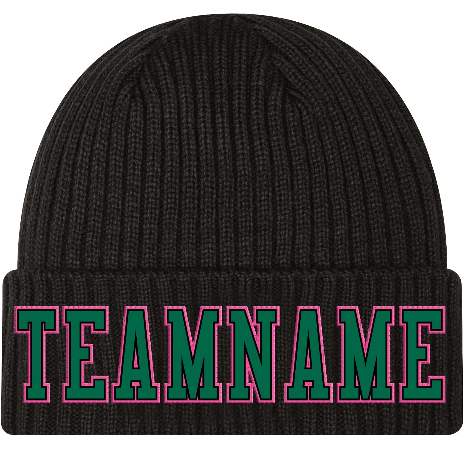 Custom Black Kelly Green-Pink Stitched Cuffed Knit Hat - Main View