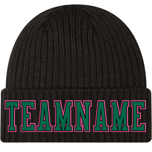 Custom Black Kelly Green-Pink Stitched Cuffed Knit Hat - Main View