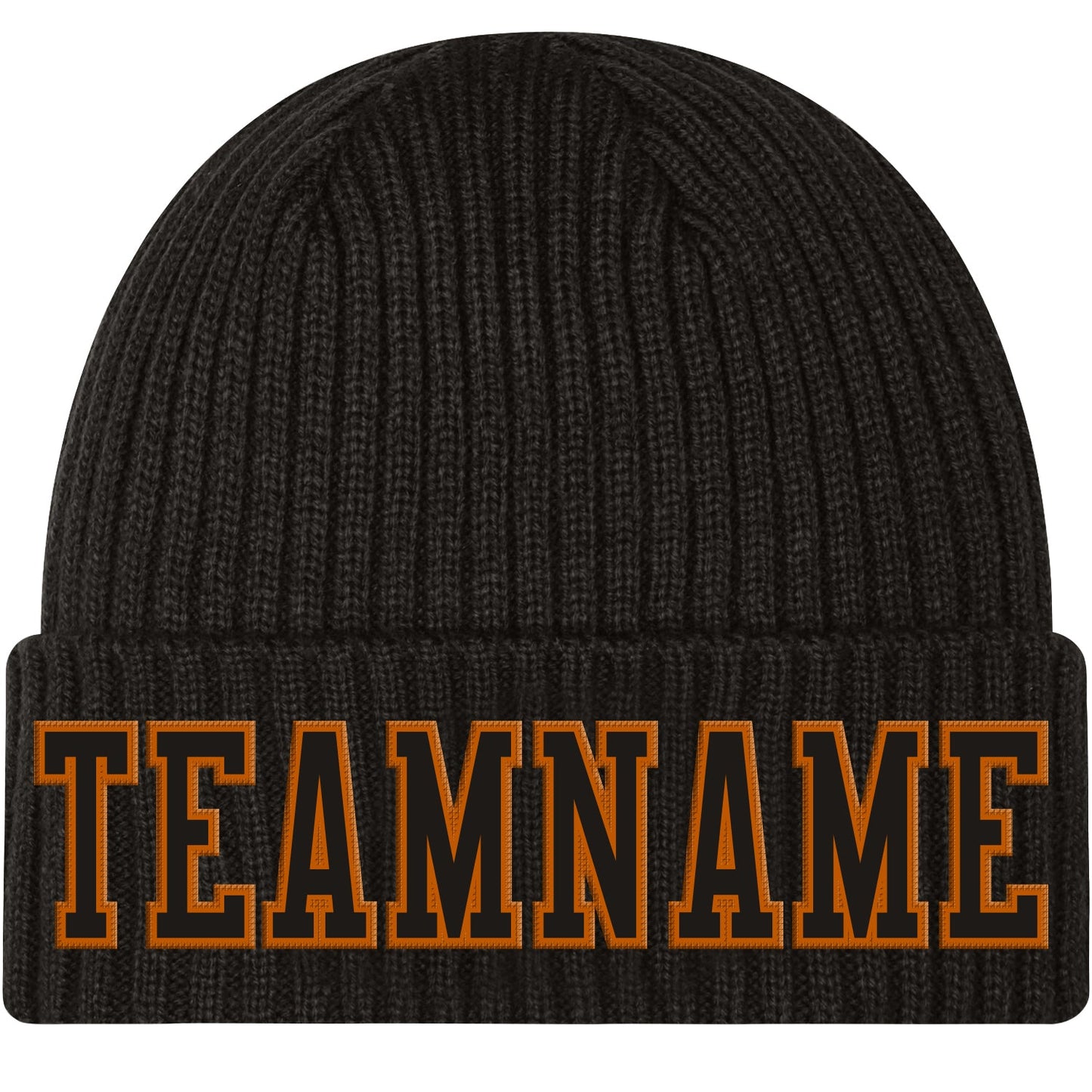 Custom Black Black-Texas Orange Stitched Cuffed Knit Hat - Main View