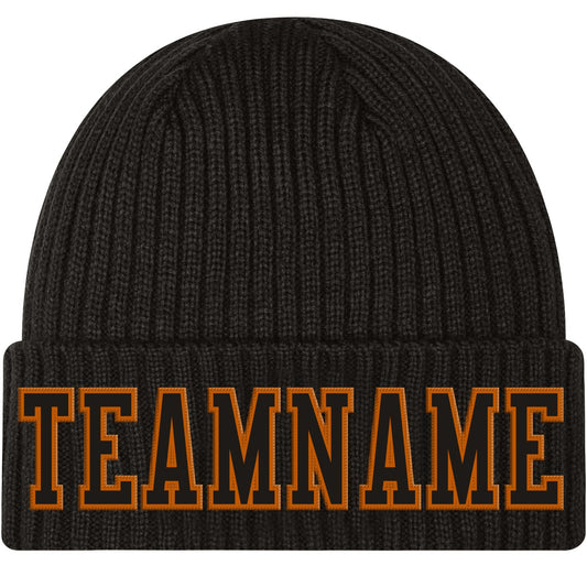 Custom Black Black-Texas Orange Stitched Cuffed Knit Hat - Main View