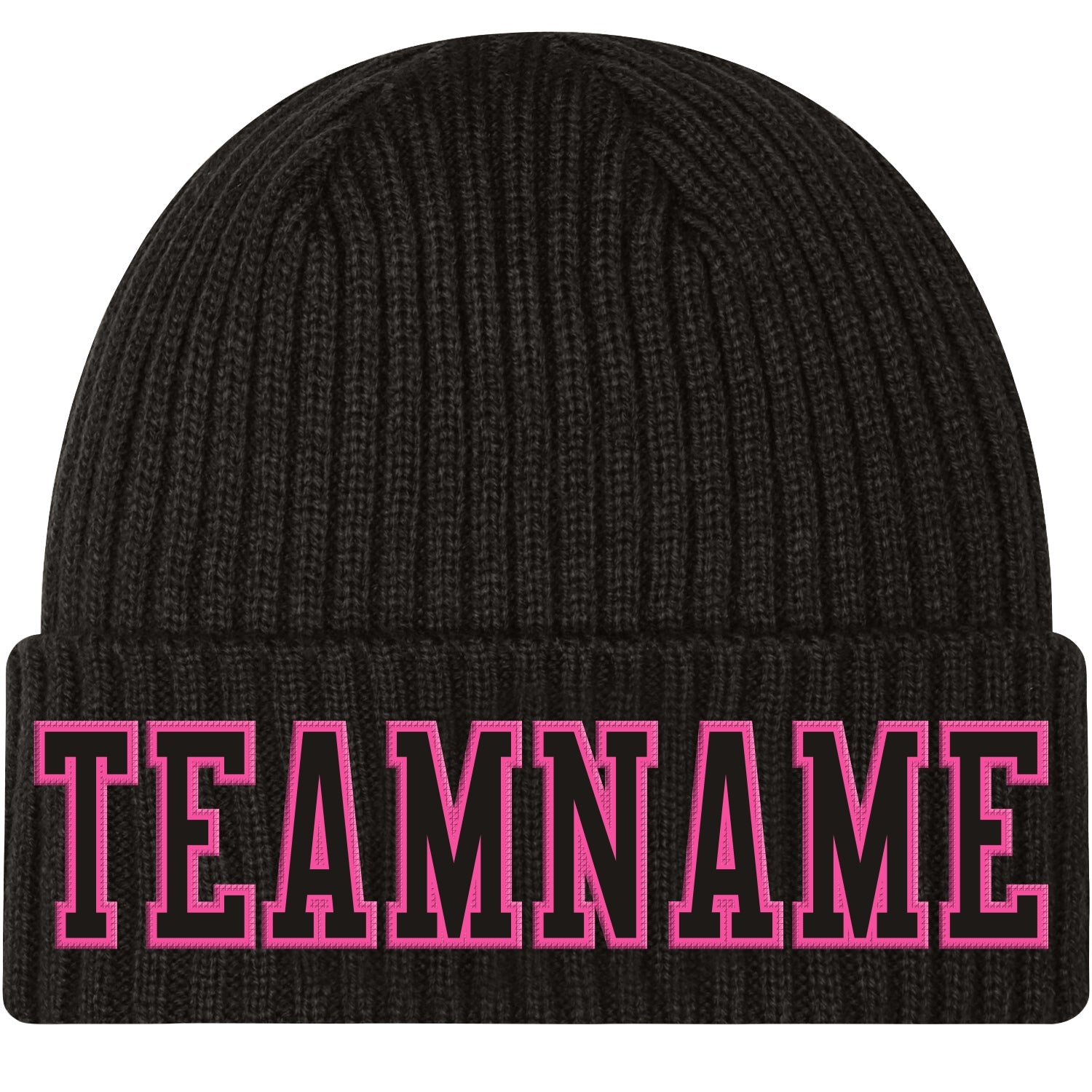 Custom Black Black-Pink Stitched Cuffed Knit Hat - Main View