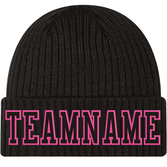 Custom Black Black-Pink Stitched Cuffed Knit Hat - Main View