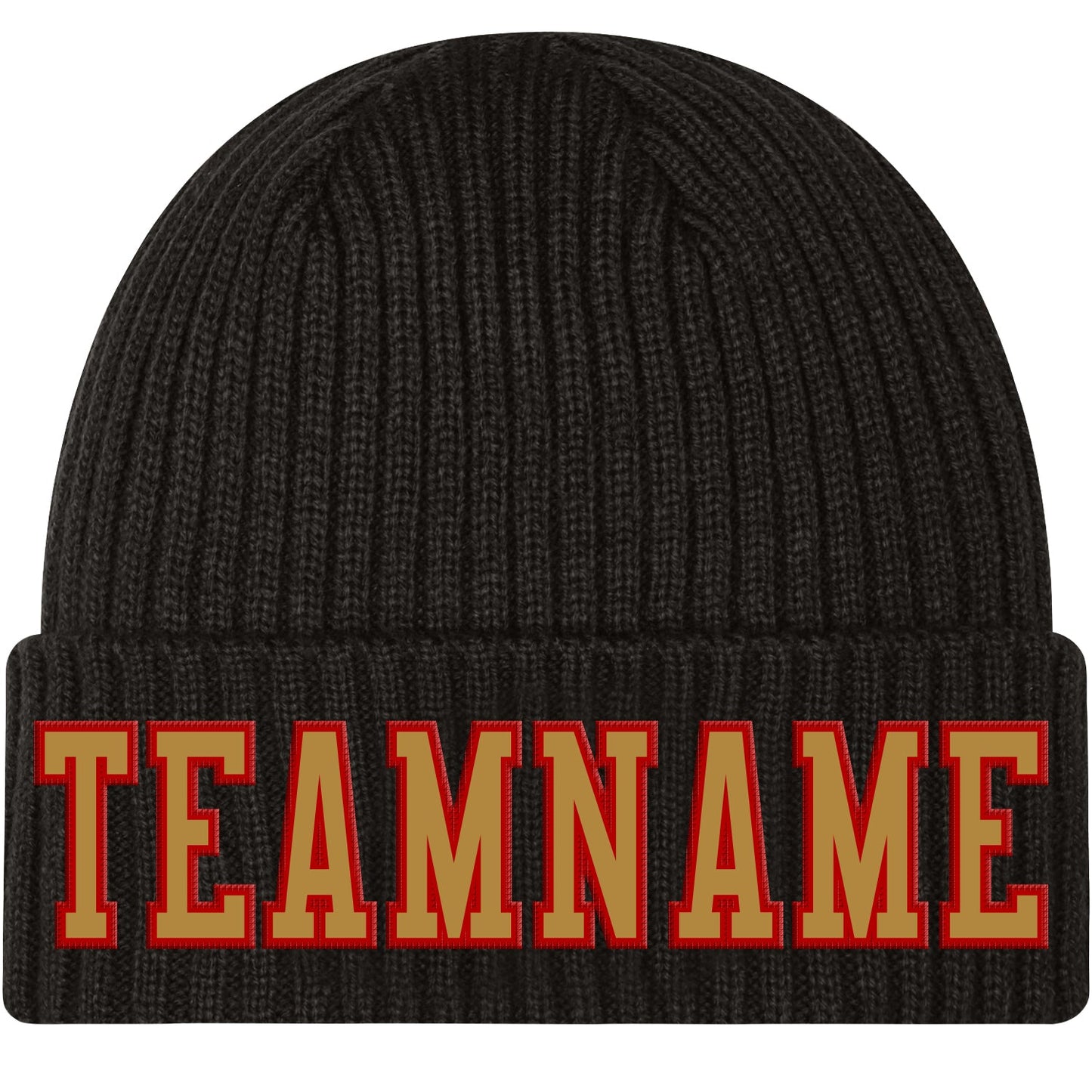 Custom Black Old Gold-Red Stitched Cuffed Knit Hat - Main View
