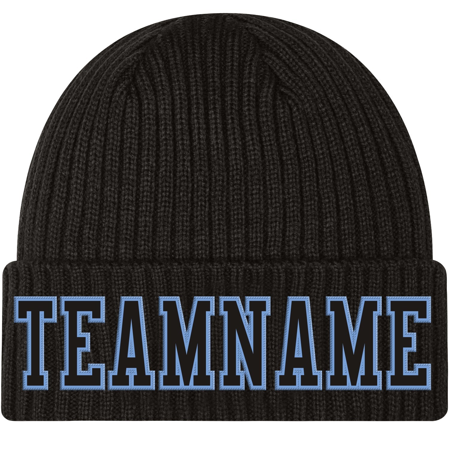 Custom Black Black-Light Blue Stitched Cuffed Knit Hat - Main View