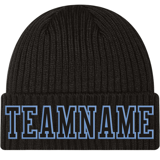 Custom Black Black-Light Blue Stitched Cuffed Knit Hat - Main View