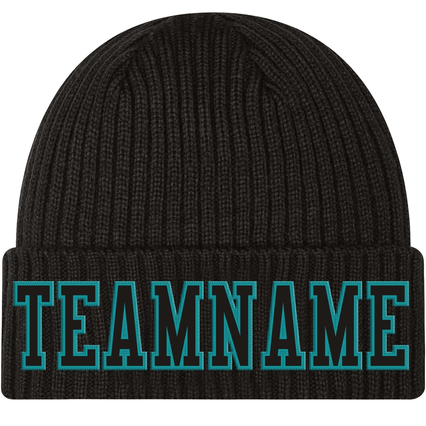 Custom Black Black-Aqua Stitched Cuffed Knit Hat - Main View