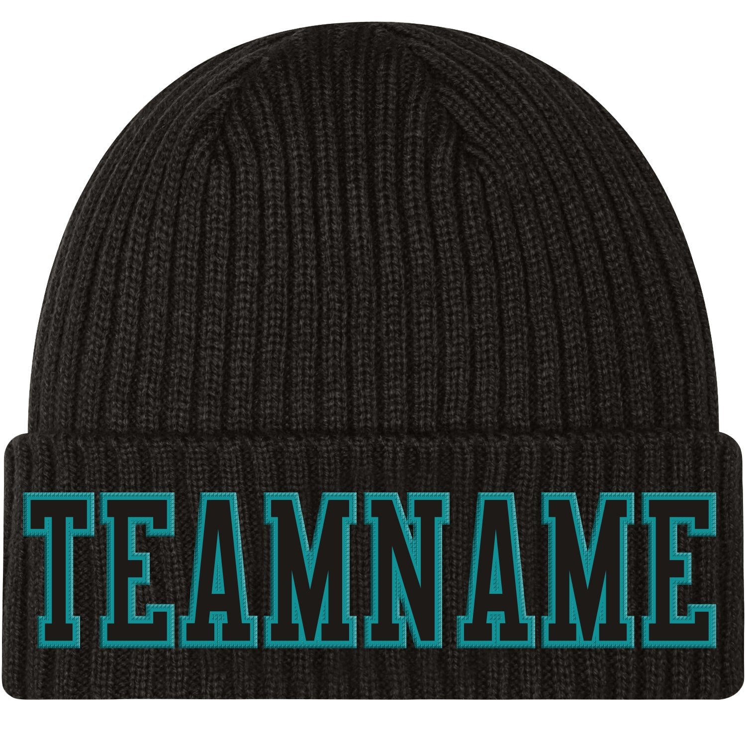 Custom Black Black-Aqua Stitched Cuffed Knit Hat - Main View