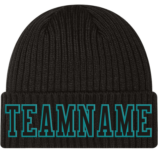 Custom Black Black-Aqua Stitched Cuffed Knit Hat - Main View