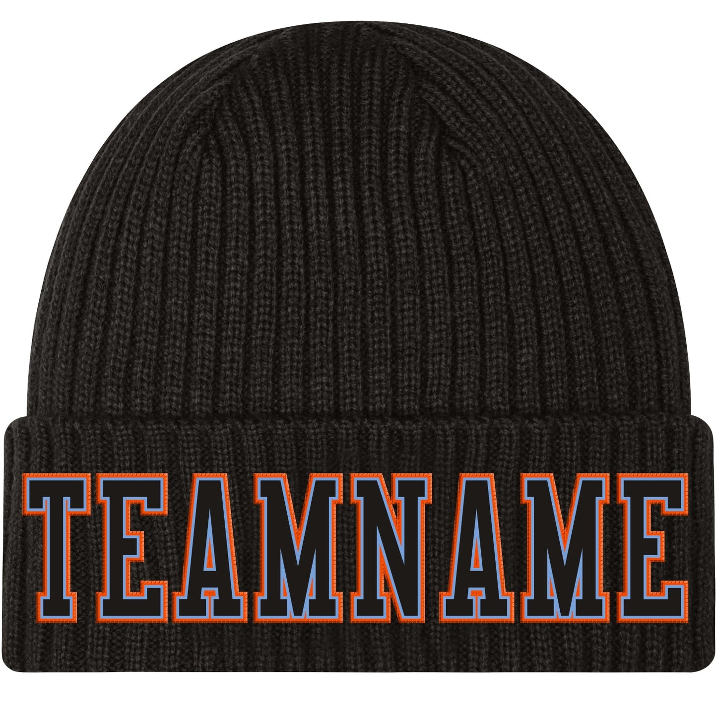 Custom Black Black Light Blue-Orange Stitched Cuffed Knit Hat - Main View