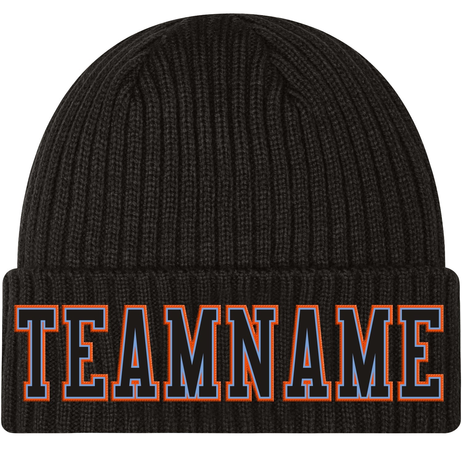 Custom Black Black Light Blue-Orange Stitched Cuffed Knit Hat - Main View