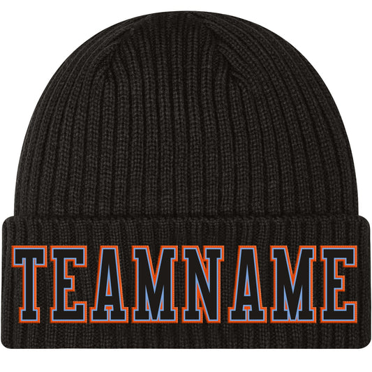 Custom Black Black Light Blue-Orange Stitched Cuffed Knit Hat - Main View