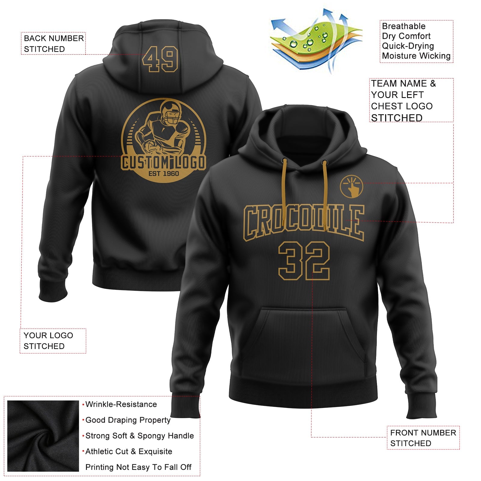 Custom Stitched Black Black-Old Gold Football Pullover Sweatshirt Hoodie view 3