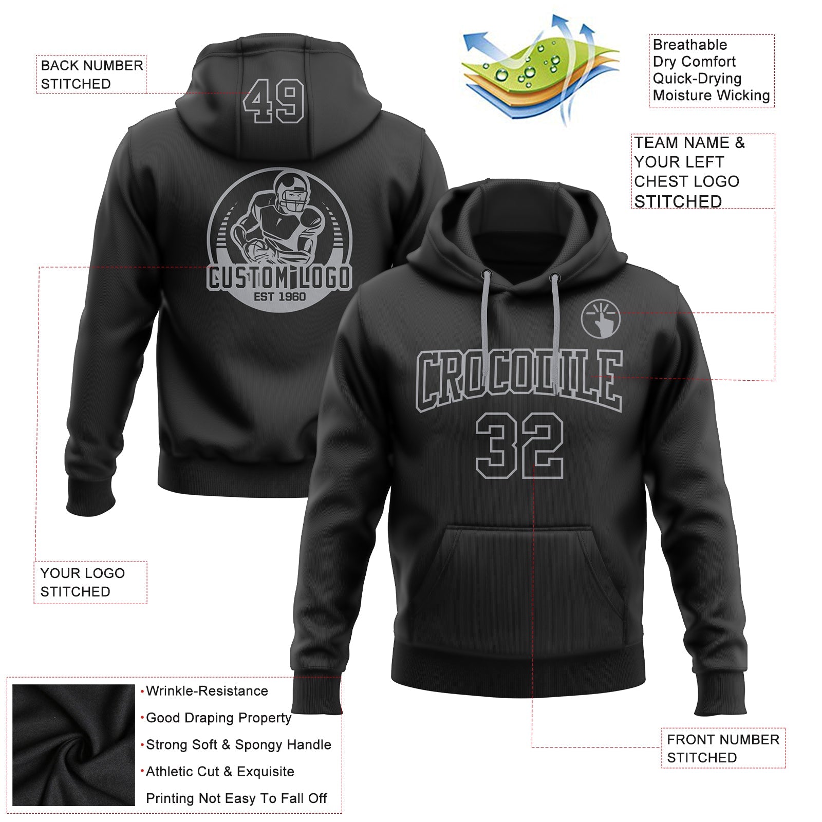 Custom Stitched Black Black-Gray Football Pullover Sweatshirt Hoodie view 2