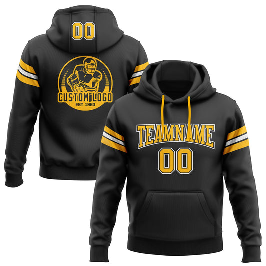 Custom Stitched Black Gold-White Football Pullover Sweatshirt Hoodie - Main View